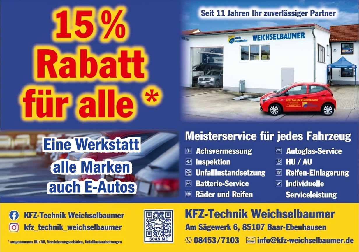 15% Rabatt bei KFZ-Technik Weichselbaumer Plakat 15% Rabatt bei KFZ-Technik Weichselbaumer